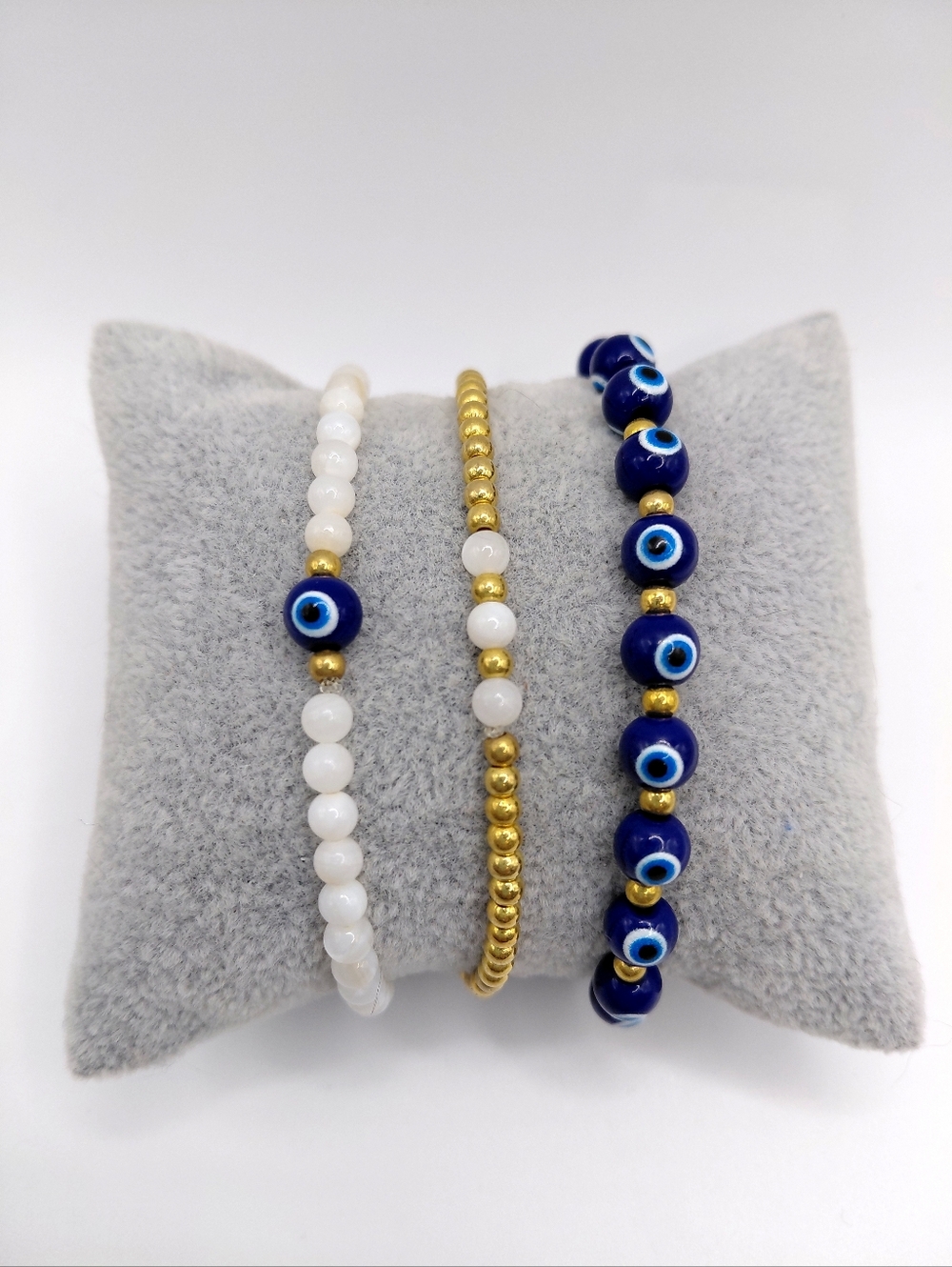 Evil Eye Set Bracelet Trio - Blue, White & Gold Pretection & Good Luck Jewelry